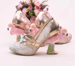 Dress Shoes Mary Janes Flamingo Heels Embellished Round Head Pumps Splicing Patent Leather And Sequined Cloth Instep Buckle Strap