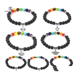 Cadeia de link 7 Chakra Healing Breaded Bracelet 8mm Lava Stone Tiger Eye Moldes para homens Menas Moda Yoga Charm Jewelryz Drop Dat entre DhrWs