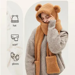 Berets Ohsunny Winter Hat Cute Scarf 3in1 Warm Gloves Plush Caps Three-piece Female Cartoon With Ears Fur