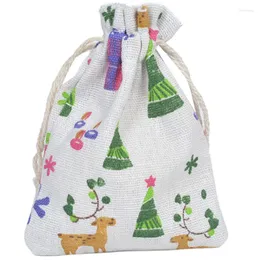 Christmas Decorations 50Pcs Candy Bag Linen Drawstring Gift Bags Deer Elk Ride Kids Year Gifts Packing Storage Event Party Deco
