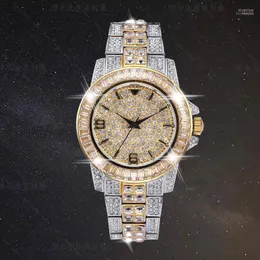 Wristwatches CZ Bling Diamond Men's Watch Role 18k Gold Plated Ice Out Quartz Iced Wrist Watches For Men Male Waterproof Wristwatch Hour Iri