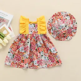 Vestidos de menina verão criança meninas vestidos infantis adorável manga de babado de chapéu floral 2pcs roupas impressas fora de roupa