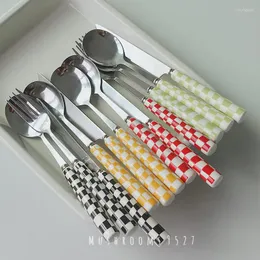 Geschirr Sets Koreanischen Stil Chic Schachbrett Edelstahl Besteck Löffel Keramik Griff Steak Messer Gourmet Po Geschirr