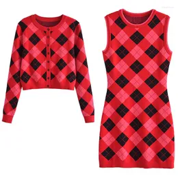 Women's Knits Xitimeao Women Retro Diamond Check Printing O-neck Knitted Cardigan Short Sweater And Tight Vest Mini Dress Vestidos Mujer