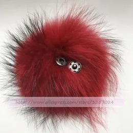 Keychains 15cm Red Pompom Ball W Snap Button Real Raccoon Fur For Hat Shoes DIY Accessories
