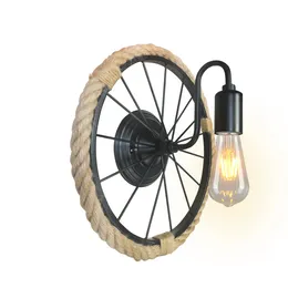 Lâmpadas de parede da roda vintage industrial corda de cânhamo com moldura de metal Luz de parede preta para o quarto Luz da barra