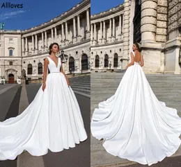 Simple Sexy V Neck A Line Wedding Dresses With Crystals Beaded Belt Modest White Satin Backless Bridal Gowns Court Train Plus Size Robes de Mariee For Brides CL1720