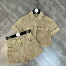 Kvinnors träningsdräkter PREPOMP 2023 Summer Arrival Collection Short Sleeve Army Green Jacket Hög midjeshorts Tvådelar Set Women Outfits