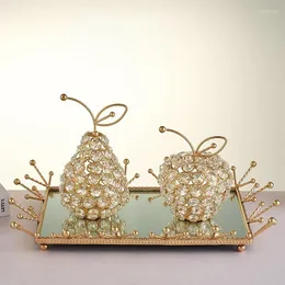 Figurine decorative Ornamento di cristallo 3D Bling strass Pera Mela Vassoio in ferro battuto Resistente al calore Regali per la festa nuziale della casa Decorazione
