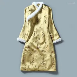 Ethnic Clothing H.RONG.X 2023Winter Chinese Cheongsam Dress Yellow Elegant Bodycon Improved Qipao Retro Fleece Fashion Orient Spring Chipao