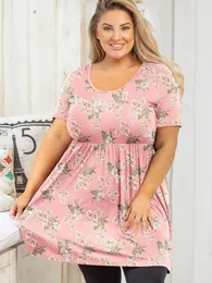 Kvinnors T-skjortor Showmall Women's Plus Size Tunic Short Sleeve Clothes Scoop Neck Summer Top Pleated Flowy Loose Fit Babydoll Shirt L-5X