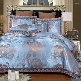 침구 세트 4pcs Queen King Size Luxury Blue Royal Jacquard Flat Bed Sheet 세트 이불 덮개 베개 chsion