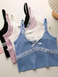 Women's Tanks HELIAR Women Lace Bow Knitted Camis Female Plain Straps Tank Tops Streetwear Camisole Cute Crop For 2023 Summer