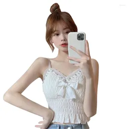 Zbiorniki damskie kobiety spaghetti zbiornik upraw Top Pearl Beaded V-Neck Shirred Ruffle Camisole Sweet Bowknot Wirefree Bree Sling Kamizel