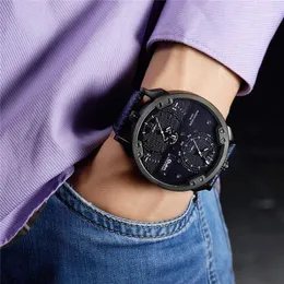 Zegarek oulm dwa strefę czasową Watch ponadprzeciętna tarcza spersonalizowane swobodne męskie zegarki skórzany pasek męski kwarcowy zegar Iris22