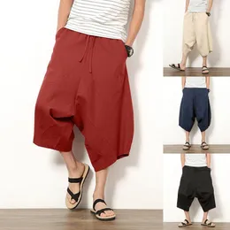 Pantalones de hombre, bombachos recortados sueltos de lino y algodón con cordón de cintura media de verano para hombre con bolsillos Naom22 para hombre