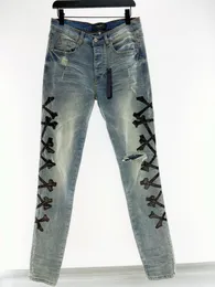 2023 Mens angustiados rasgados magros lindos jeans de designer ~ Tamanho dos EUA 28-38 Jeans ~ Novos tops Qualidade Slim Motorcycle Moto Moto Biker cal￧a jeans de jeans de hipp