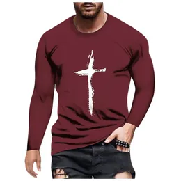 Men's T Shirts Feitong Men Long Sleeve Autumn Winter Fashion Cross Print Round Neck Top Casual Halloween Streetwear