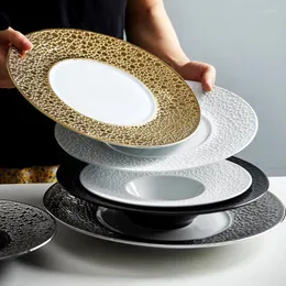 Tallrikar runt guld keramisk middag kreativ r yta svarta diskar soppa biff platt platta hushåll pasta skål bordsartiklar