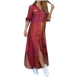 Vestidos casuales Moda Maxi Vestido Mujer Suelto Sexy Manga larga Bolsillo Botón Camisa Estampado Vestidos de alta calidad