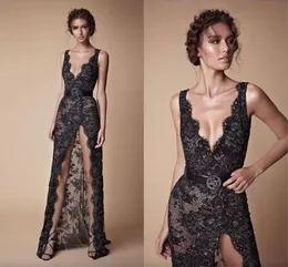 Schwarzer Spitzenperlen Split Prom Festzugskleider bescheidener Mode V-Ausschnitt sexy in voller L￤nge Berta Abend Anlass Kleid