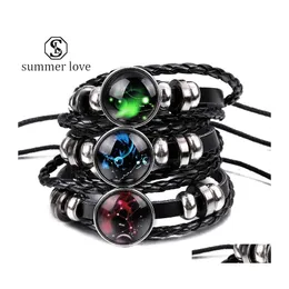 Link-Kette 12 Konstellationen Armband Leder Sternzeichen Punk Silber verstellbar trendiges schwarzes Wachsseil für Meny Drop Delivery Jewelr Dhyge