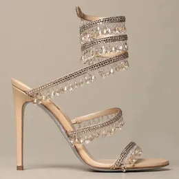 Nude Cleo Crystal Lamp Ornament Fine Heels Sandals 95mm Pel Evening Shoes Women High Heeled Designers Wrapound Dress Shoe Factory designer women shoes heels