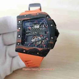 Mükemmel Erkekler RM70-01 50mmx55mm karbon fiber turuncu kauçuk kayış sırt şeffaf safir kronograf otomatik mekanik erkek saatler kol saatleri