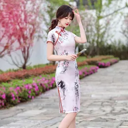 Этническая одежда китайская традиционная ткань Cheongsam в средней длине девчачье ретро-ретро-улучшенное платье молодежное модное воротник с половиной рукава Tang