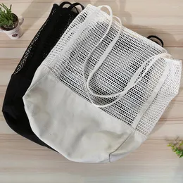 Kvällspåsar trendiga kvinnor Eco Friendly Cotton Canvas Beach Bag Black Mesh Shopper Tote Ladies Summer Net Shoulder