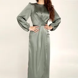 Abbigliamento etnico Abaya Wrap Front Dress Manica lunga Satinlike Tinta unita Fessura alla vita Donna Dubai Turchia Moda Abbigliamento elegante