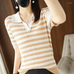 Women's T Shirts Pure Cotton Short Sleeve Women's POLO Collar Pullover Summer Striped Knit Vest Fashion String Empty Loose T-Shirt Tops