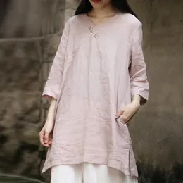Blouses feminina camisas FAIRINATURAL Damas rosa estilo chinês 2023 Spring ramie tops women retro solto button long-deco