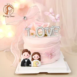 Festliga leveranser andra fest Happy Valentine's Day Couples Girl and Boy Cake Decoration Wedding Idol Pearl Ribbon Around Bow Birthday Topp