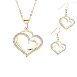 Necklace Earrings Set Romantic Women Crystal Doubled Love Heart Stainless Steel Jewelry For 2023