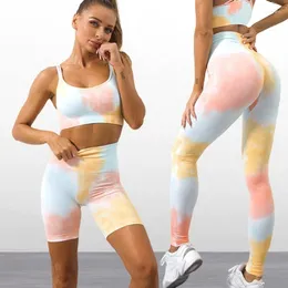 Aktive Sets Naadloze Yoga Set Tie Dye Print Hoge Taille Vrouwen Perzik Bulggings Outfits Shorts Sexy Back Sportbea Gym Pak Voor Fitness Outfits Outfits