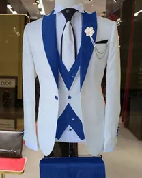 뜨거운 추천 흰색 신랑 턱시도 로얄 블루 라펠 남성 형식 정장 사업 남자는 결혼식 무도회 저녁 식사 정장 재킷 바지 타이 조끼를 착용합니다.