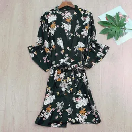 Kadın pijama gevşek sahte ipek kadın cüppe kemer çiçek baskı kimono banyo elbisesi 2023 yaz yarım kollu ev kıyafetleri gece