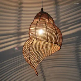 Lâmpadas pendentes do sudeste da Ásia Creative Bamboo Lamp Sea Snail Shap Wicker Rattan Lights Led Lights Chinese Parlor Decoração de casa