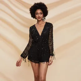 Casual Dresses Women Summer Sexy V-Neck Long Sleeve Tassel Sparkly Sequins Luxury Party Club Evening Mini Dress Black White