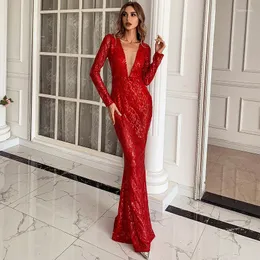 Casual Dresses Women Spring Sexy V-Neck Long Sleeve Gauze Sheer Sparkly Sequins Slimming Luxury Maxi Evening Party Dress Mermaid Red