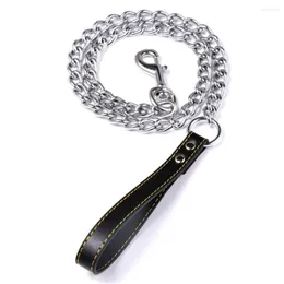 Dog Collars Metal Chain Lead With Leather Style Handle Strong Control Leash Black Harnesses Carry Accessory 120cm