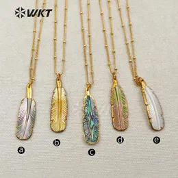 Pendant Necklaces WT-N1081 WKT Beautiful Feather Shape Natural Shell In Gold Color And Multi Necklace Women Fashion Special NecklacePendant