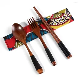 Set di posate riutilizzabili Set di posate in legno di bambù Cucchiai Forchette Bacchette con borsa di stoffa Comodi utensili da cucina