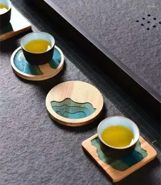 테이블 매트 6pcs 천연 대나무 나무 멀리 산이 두꺼운 둥근 정사각형 열 단열 방지 일본 코스터