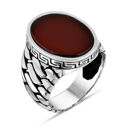 Cluster Rings Men Silver Ring With Oval Burgundy Agate Stone And Chain Motif Made In Turkey Solid 925 Sterling