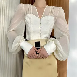 Blouses feminina Blusa de cintura curta feminina Costura de cintura costura fechada camisa fina moda moda em v maior 2023 primavera e verão