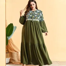 Ethnic Clothing Large Size Women's Military Green Lace Mosaic Lantern Long Sleeves Multi-layer Pleats Muslim Gown European