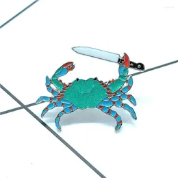 Brooches Cute Glitter Sea Animal Badge Pin Green Crab Holding Knife Metal Enamel Brooch Unique Trendy Costume Backpack Jewelry Gifts