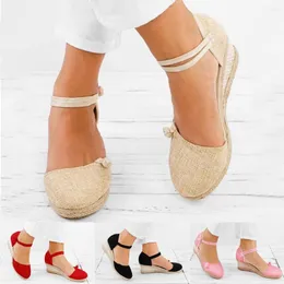 Sandals Ladies Retro Linen Canvas Wedge Round Toe Casual Singles Shoes Buckle Straps Beach